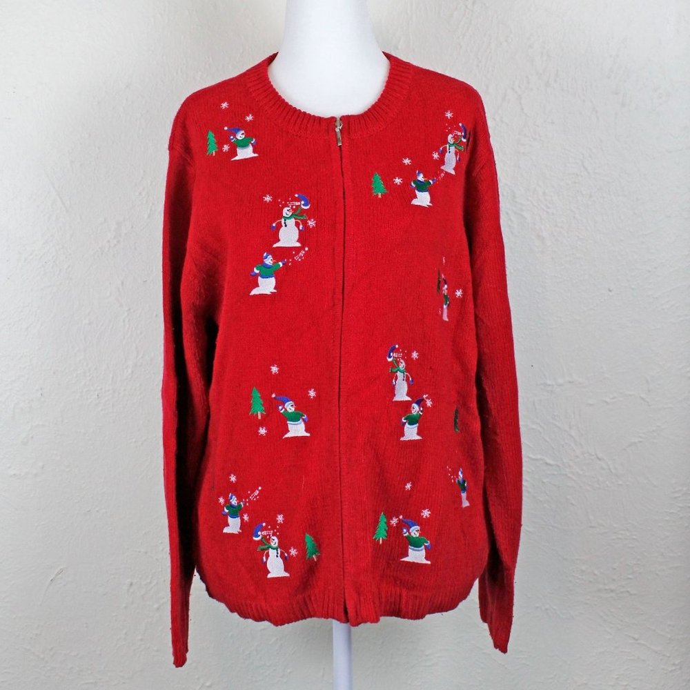 Croft & Barrow vintage 90s red Christmas holiday zip up sweater cardigan size M